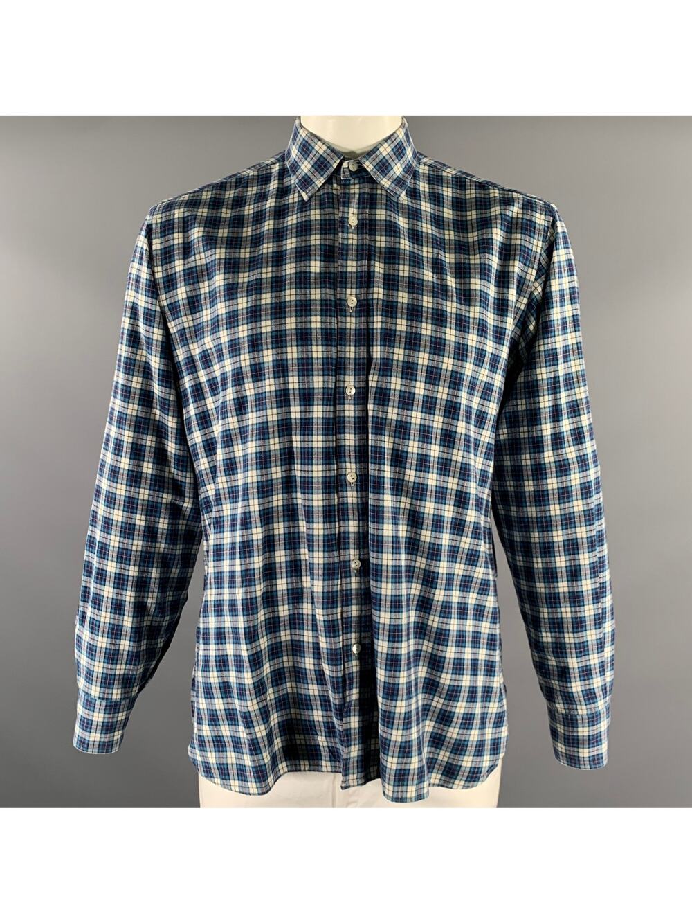 ADAM KIMMEL Size L Blue White Tartan Wool Cotton Long Sleeve Shirt